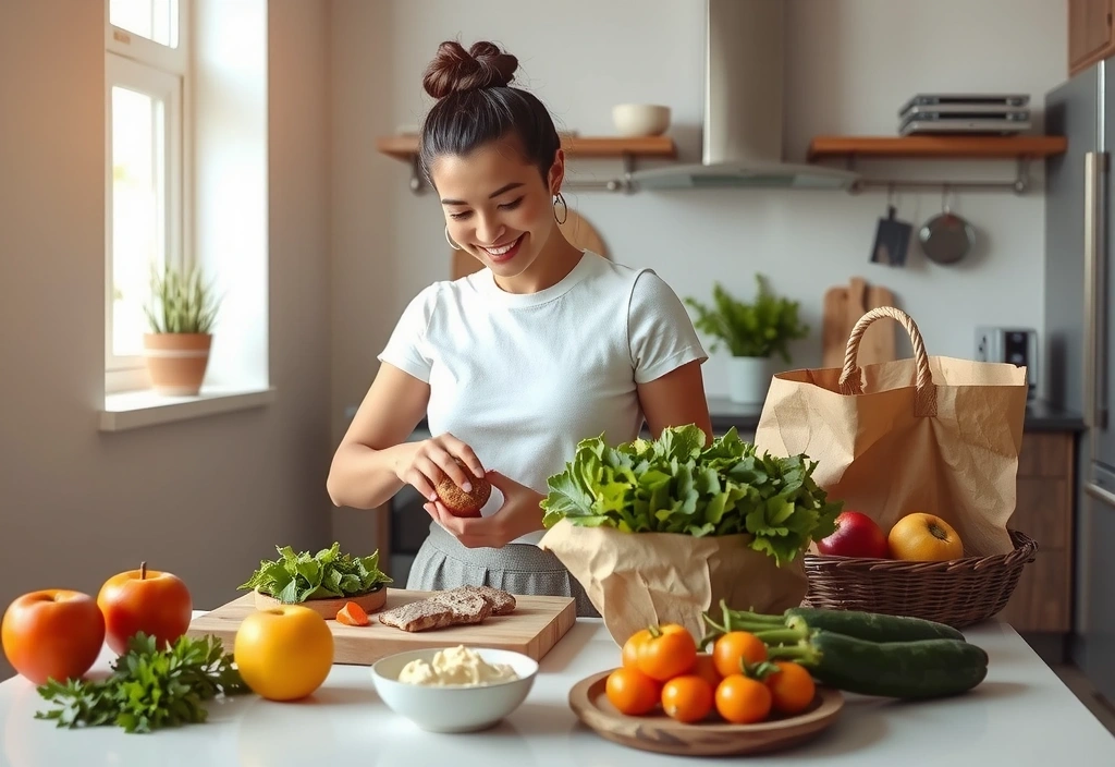 Glückliche Frau beim Kochen gesunder Lebensmittel