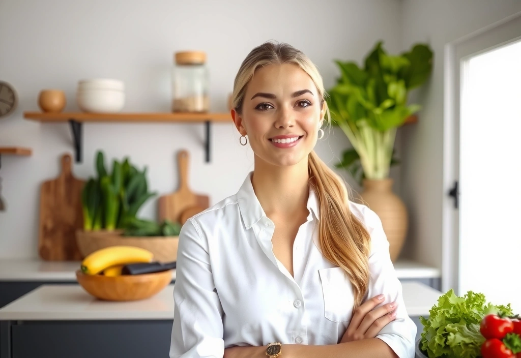 Ernährungsberaterin in moderner Küche lächelnd