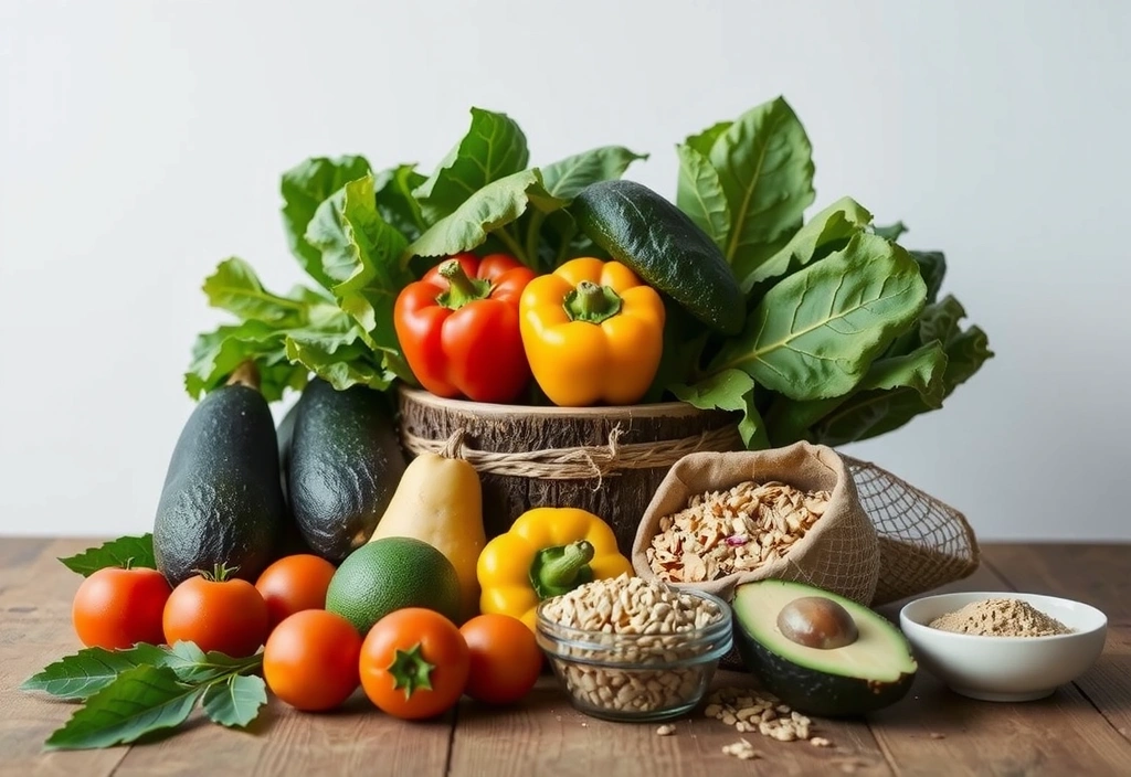 Frische, bunte Lebensmittel auf einem Holztisch arrangiert